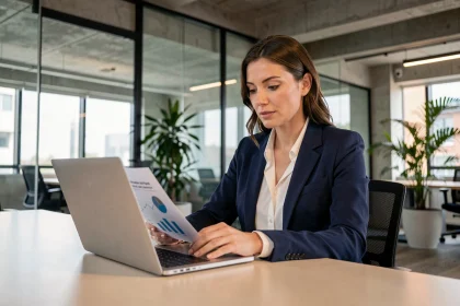 Femme professionnelle analysant une stratégie marketing Loxia Socia dans un bureau moderne en 2026