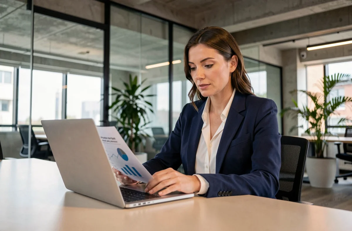 Femme professionnelle analysant une stratégie marketing Loxia Socia dans un bureau moderne en 2026