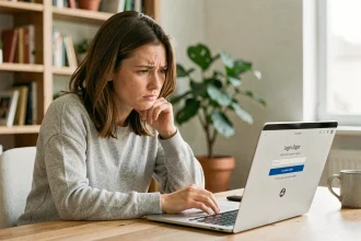 Femme devant son ordinateur portable essayant de récupérer son mot de passe oublié sur un portail RH