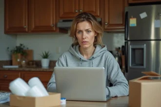 Femme sceptique devant son ordinateur portable entourée de matériel d'emballage à domicile dans une cuisine ordinaire