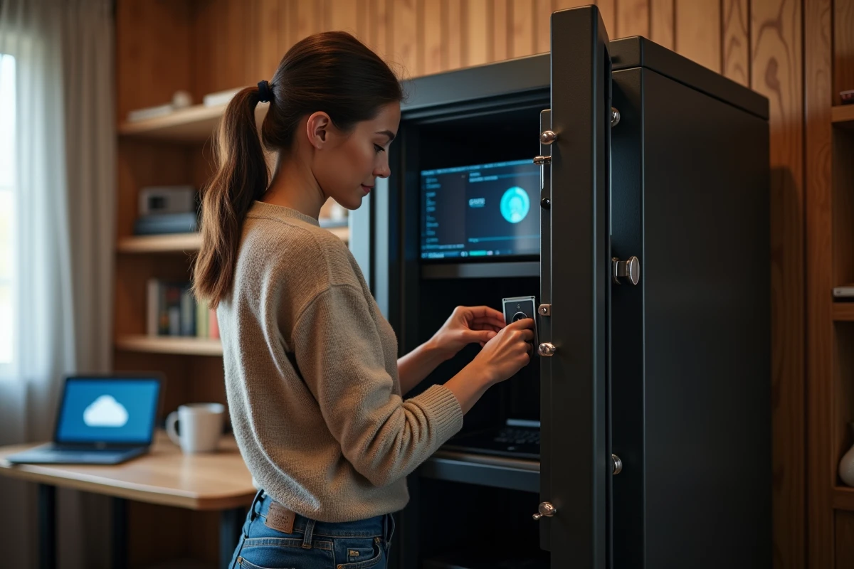 Femme rangeant un disque dur dans un coffre-fort à la maison
