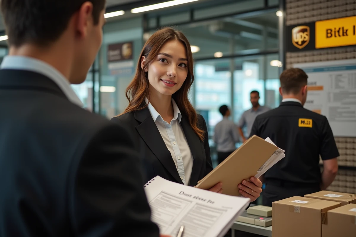 Jeune femme au comptoir de logistique parle avec un agent UPS