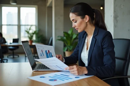 Femme professionnelle analysant un plan marketing stratégique sur ordinateur portable dans un bureau moderne en 2026