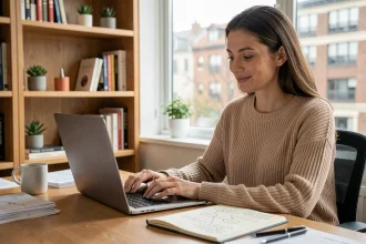 Femme en télétravail convertissant son expertise en revenus depuis un bureau à domicile moderne