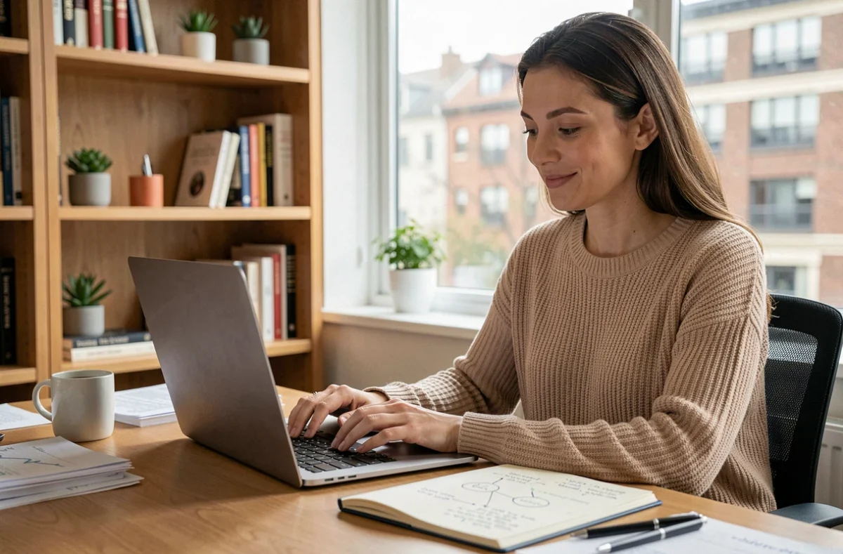 Femme en télétravail convertissant son expertise en revenus depuis un bureau à domicile moderne