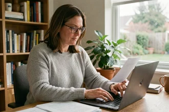 Femme en télétravail à temps partiel révisant des documents sur son bureau à domicile