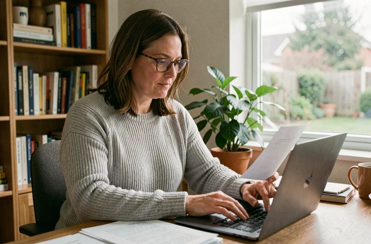 Femme en télétravail à temps partiel révisant des documents sur son bureau à domicile
