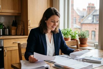 Femme en blazer navy et blouse blanche dans une cuisine moderne