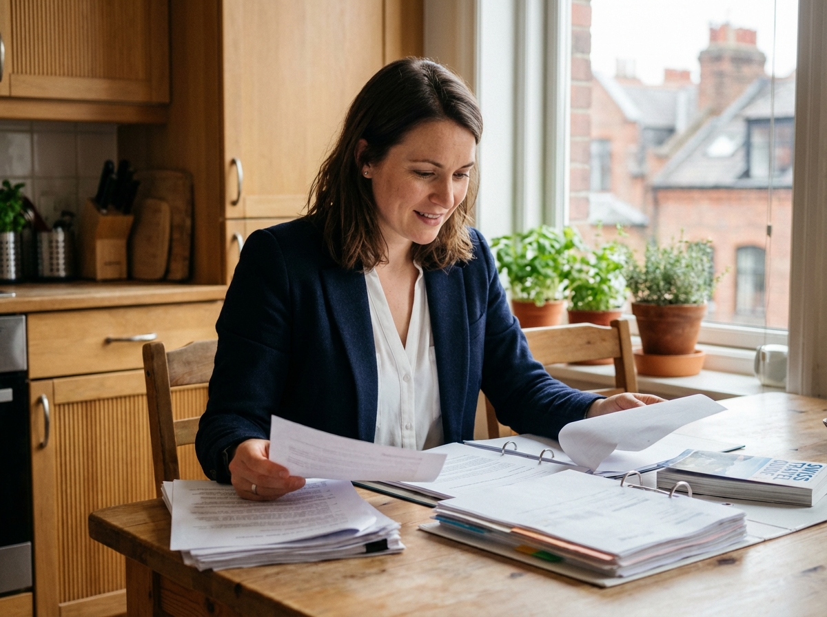 Femme en blazer navy et blouse blanche dans une cuisine moderne