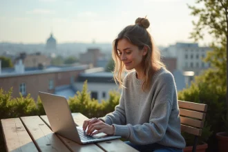 Jeune femme travaillant sur un ordinateur portable en balcon urbain