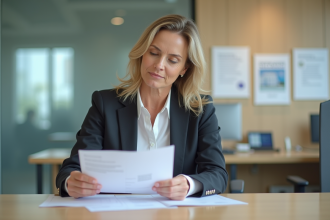 Femme en centre emploi examine documents de recherche d'emploi