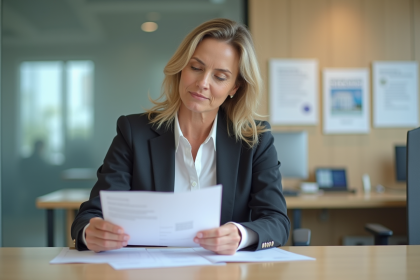 Femme en centre emploi examine documents de recherche d'emploi