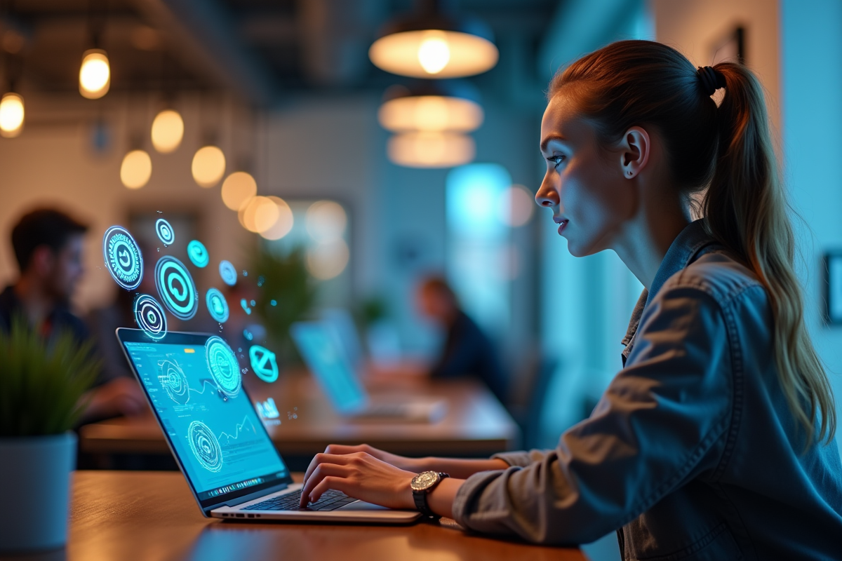 Jeune femme travaillant sur son ordinateur dans un espace de coworking moderne