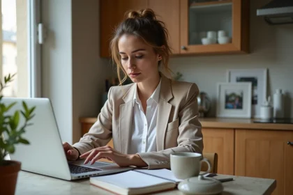 Jeune femme fran&ccedil;aise travaillant sur son ordinateur &agrave; la maison