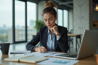 Femme concentrée écrivant ses objectifs au bureau moderne