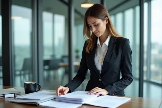Femme en costume triant des papiers dans un bureau moderne