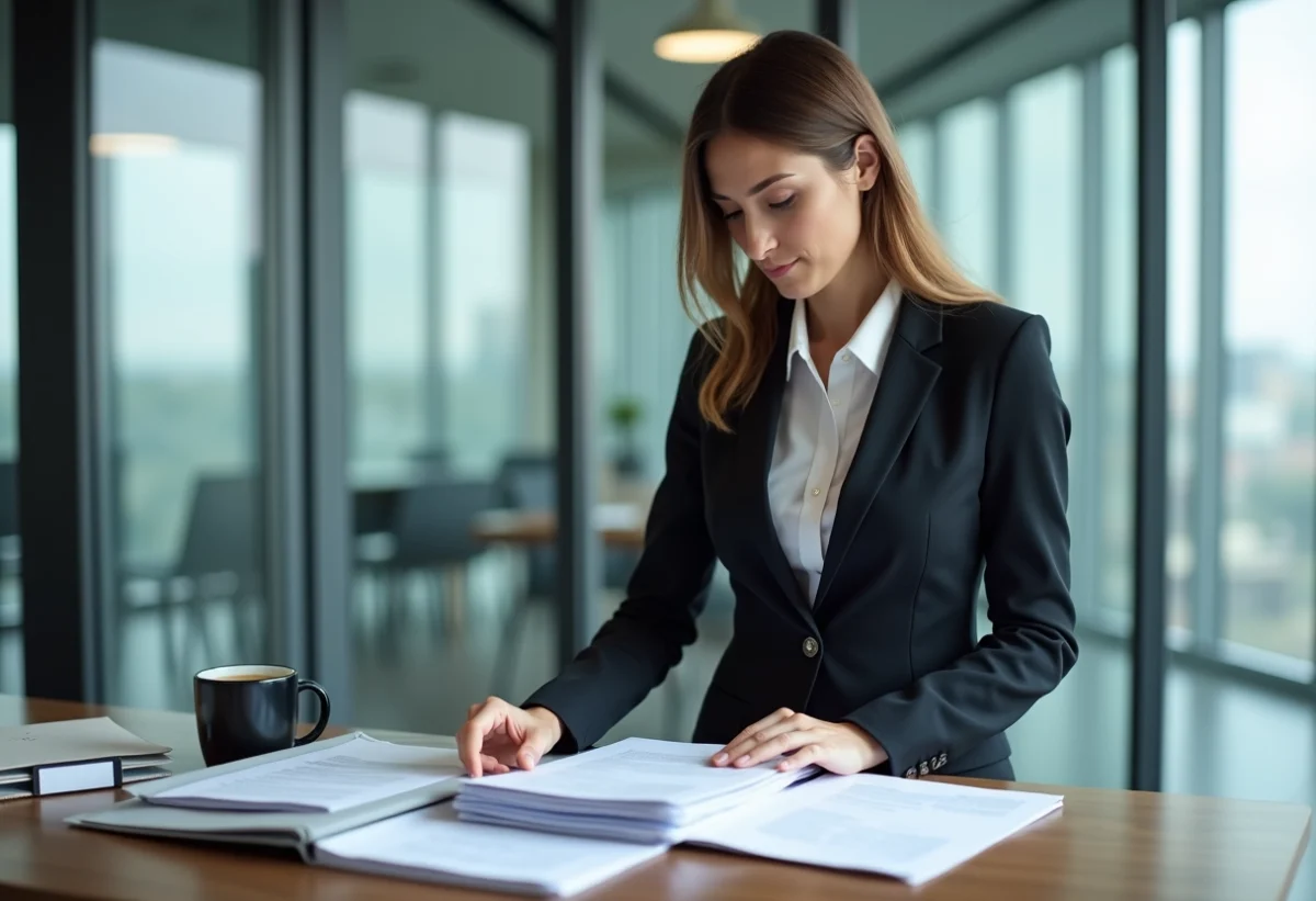 Femme en costume triant des papiers dans un bureau moderne