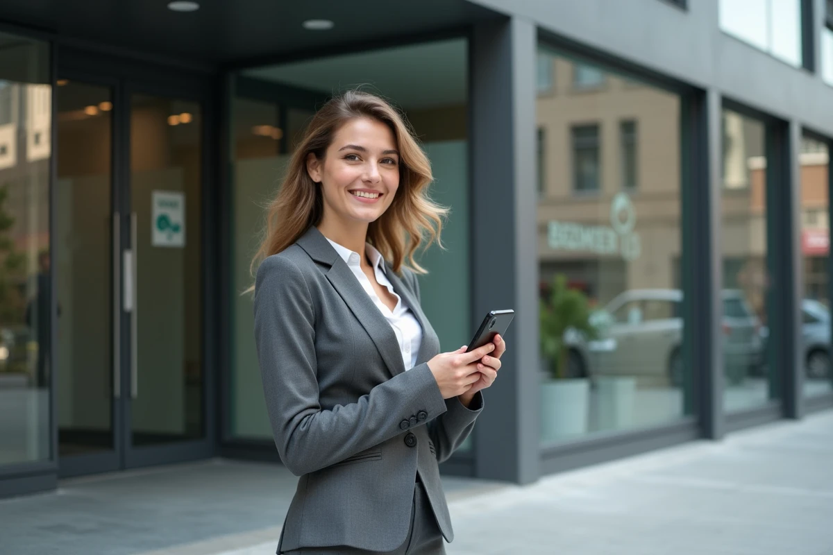 Femme entrepreneure souriante devant un b&acirc;timent moderne en ext&eacute;rieur