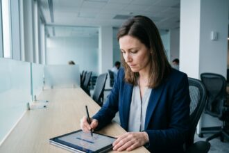 Femme en blazer signant une feuille de présence numérique sur tablette lors d'une formation professionnelle