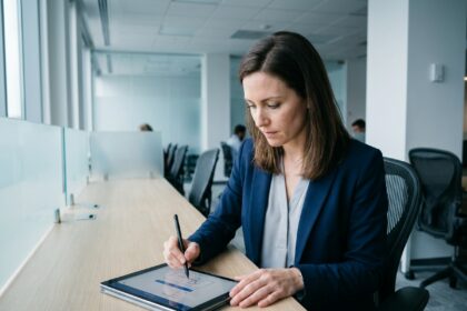 Femme en blazer signant une feuille de présence numérique sur tablette lors d'une formation professionnelle