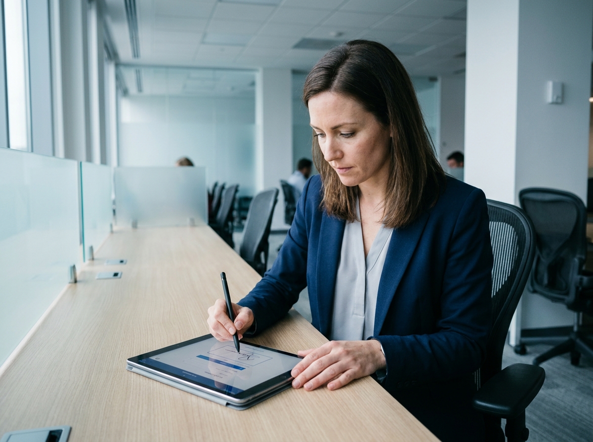 Femme en blazer signant une feuille de présence numérique sur tablette lors d'une formation professionnelle