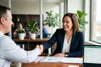 Une professionnelle fidélise un client lors d'une poignée de main chaleureuse dans un bureau moderne, illustrant la relation de confiance entre une entreprise et ses clients actifs