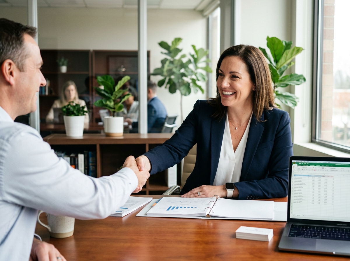Une professionnelle fidélise un client lors d'une poignée de main chaleureuse dans un bureau moderne, illustrant la relation de confiance entre une entreprise et ses clients actifs