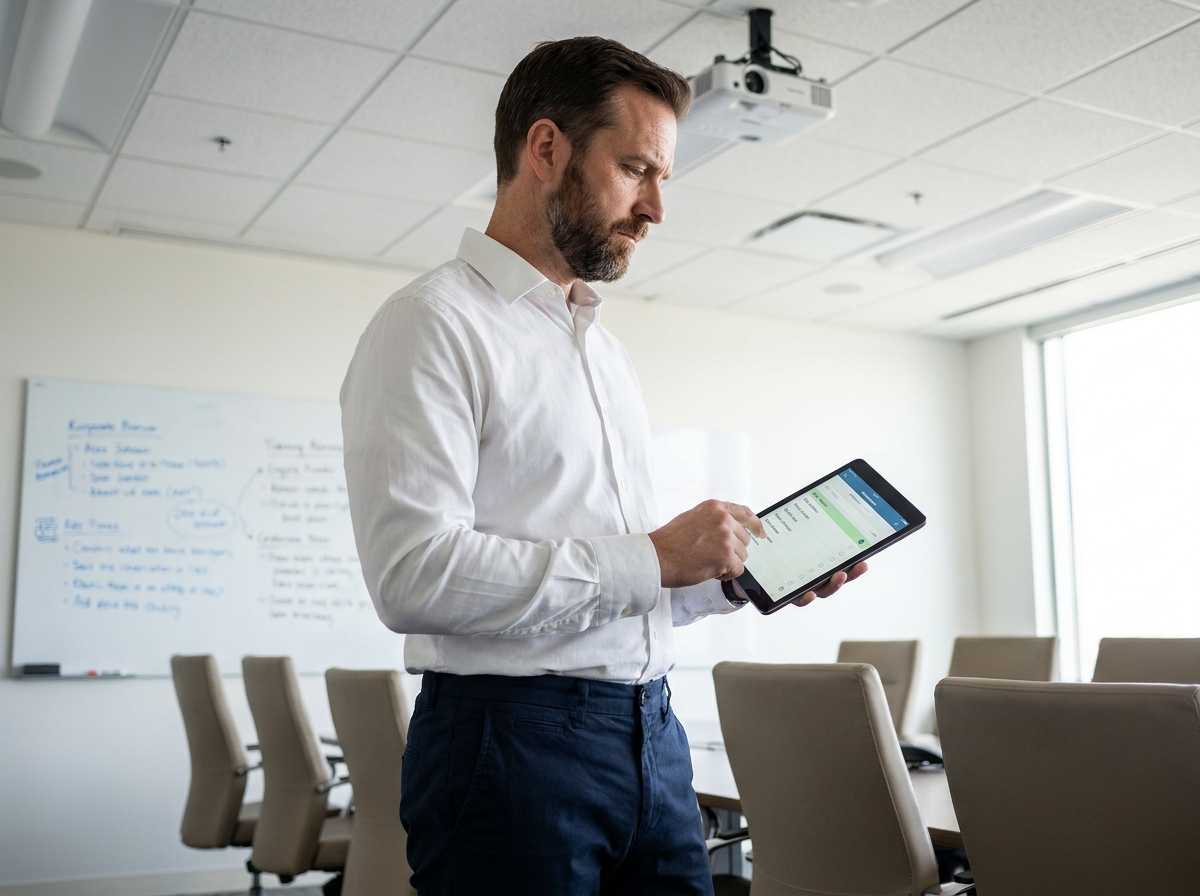 Formateur masculin vérifiant la feuille de présence numérique sur tablette dans une salle de formation