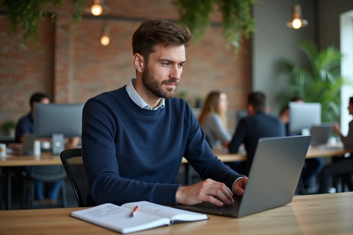 Freelance administratif masculin concentré sur son ordinateur dans un espace de coworking moderne, bâtissant sa crédibilité professionnelle mission après mission