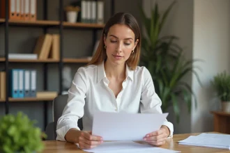 Freelance administrative professionnelle qui examine des documents dans un bureau à domicile organisé, construisant sa réputation par un travail soigné