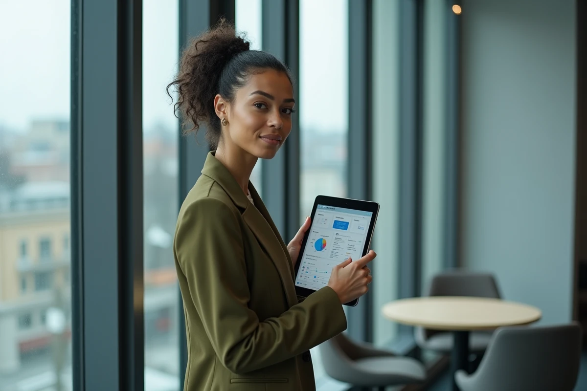 Freelance administrative debout près d'une fenêtre de bureau avec une tablette affichant un tableau de bord client, illustrant la construction d'une réputation solide