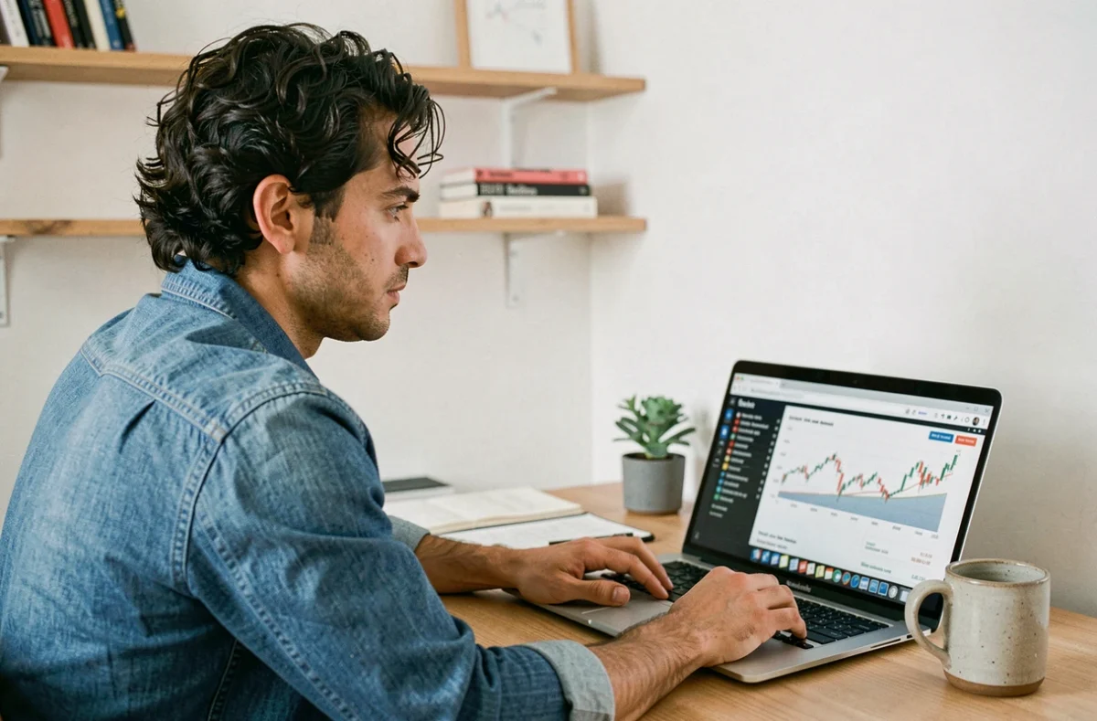 Freelance travaillant depuis son bureau à domicile en analysant les avantages et risques d'une société de portage salarial