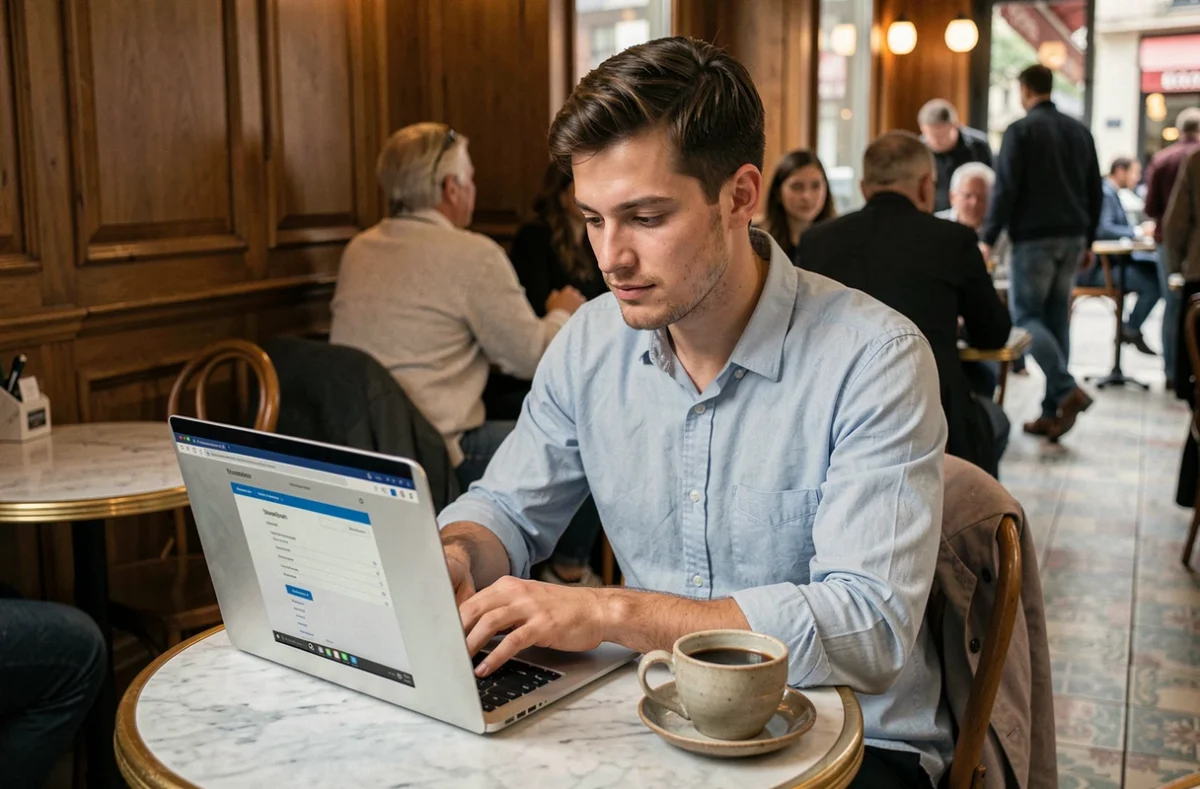 Jeune freelance effectuant ses démarches de portage salarial en ligne dans un café de Bourgoin-Jallieu
