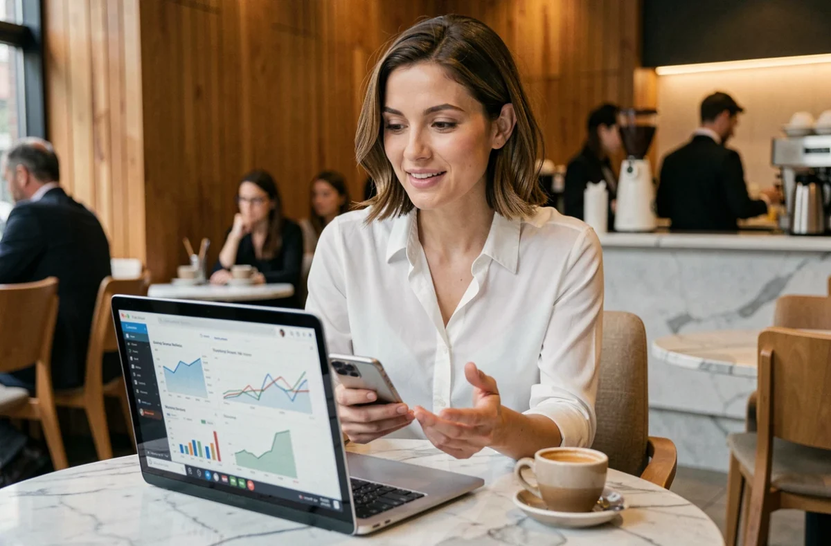 Freelance marketing en visioconférence dans un café, travaillant sur une mission Amazon depuis son ordinateur portable