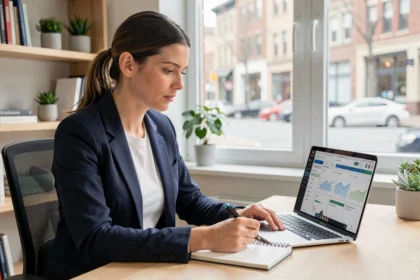 Freelance tech travaillant depuis son bureau à domicile sur une mission Amazon, avec un ordinateur portable et des notes de projet