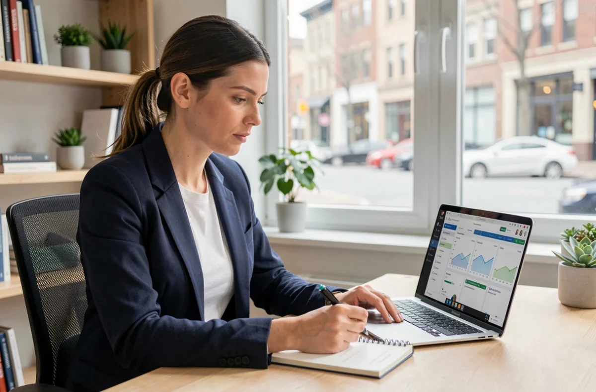 Freelance tech travaillant depuis son bureau à domicile sur une mission Amazon, avec un ordinateur portable et des notes de projet