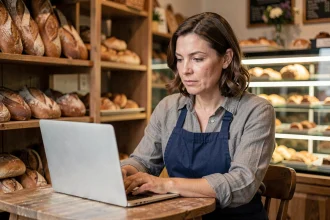 Gérante de boulangerie locale consultant le site web de son entreprise sur un ordinateur portable, illustrant le recours à une agence digitale pour les TPE