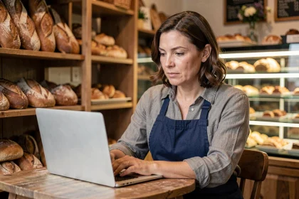 Gérante de boulangerie locale consultant le site web de son entreprise sur un ordinateur portable, illustrant le recours à une agence digitale pour les TPE