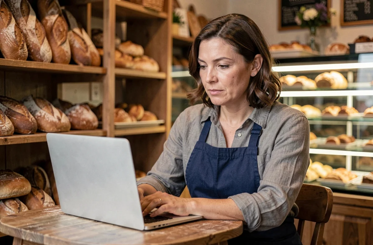 Gérante de boulangerie locale consultant le site web de son entreprise sur un ordinateur portable, illustrant le recours à une agence digitale pour les TPE
