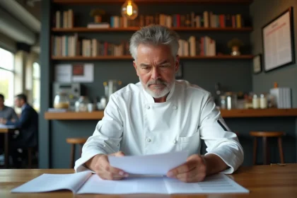 Homme en veste blanche examine documents financiers dans un restaurant
