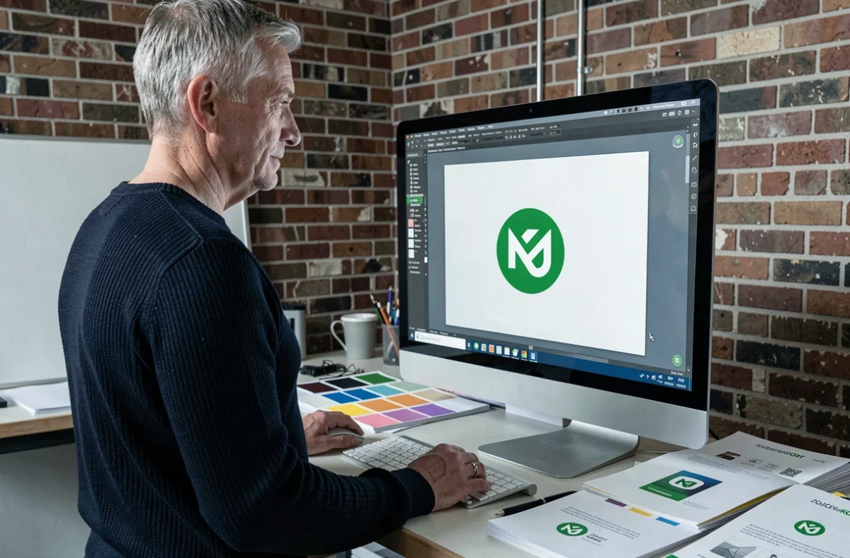 Graphiste travaillant sur un logiciel de design vectoriel avec un logo de marque verte, dans un studio créatif avec manuels de marque