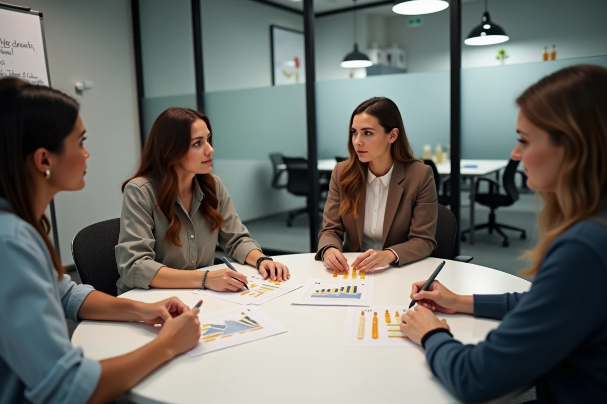 Groupe de consultants Chogan en réunion de formation dans un espace de coworking, analyse de l'opportunité commerciale en 2026