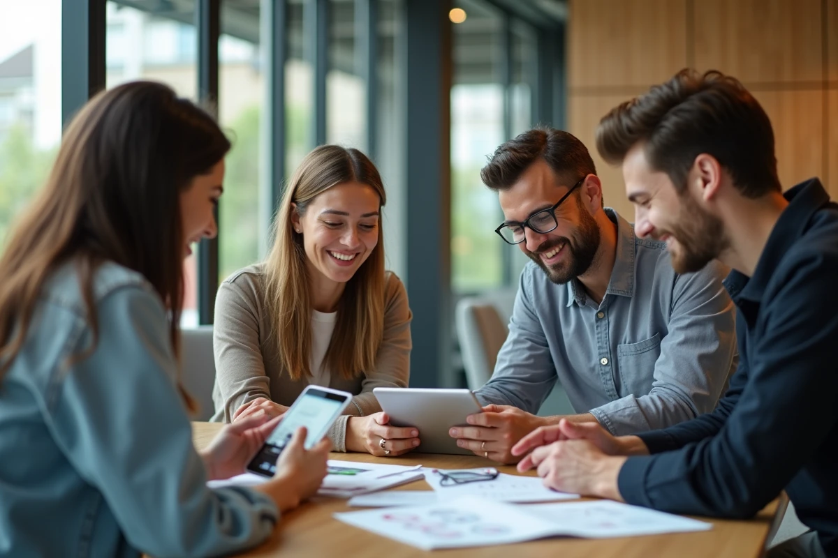 Groupe diversifié en coworking discutant autour d