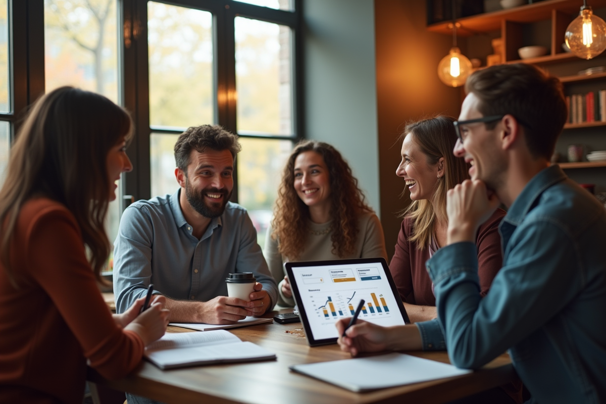Groupe diversifié discutant au café avec tablette marketing