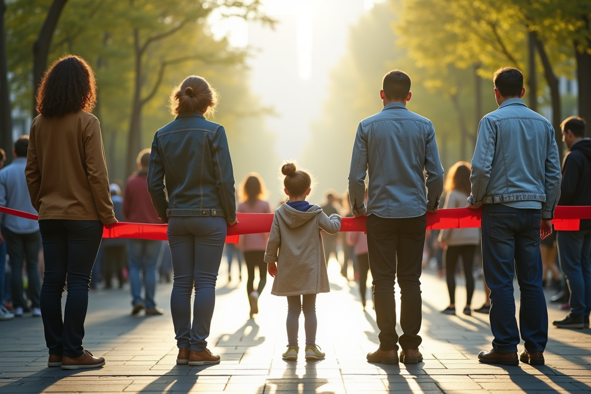 Groupe diversifié face à une barrière dans un parc urbain lumineux