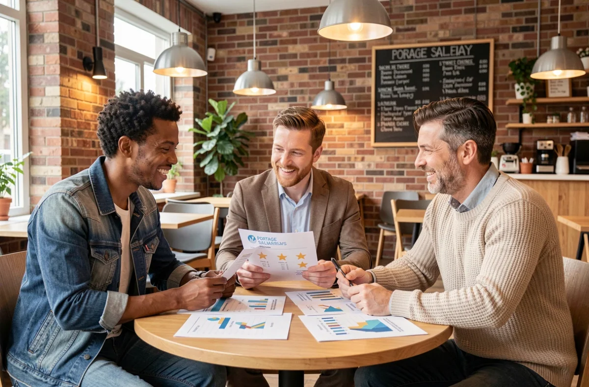 Groupe de freelances discutant des avis sur les services de portage salarial autour d'une table dans un café collaboratif
