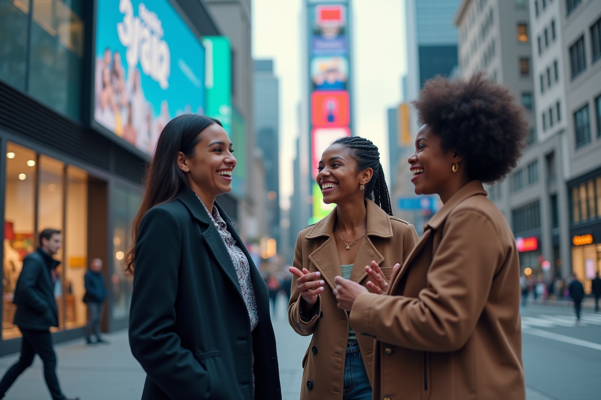 Groupe de jeunes discutant devant une grande affiche publicitaire urbaine