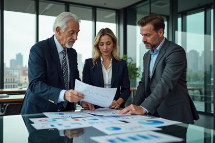 Groupe de professionnels discutant de marché en bureau moderne
