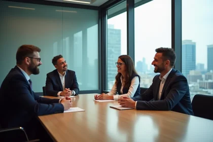 Groupe de professionnels en r&eacute;union dans une salle moderne
