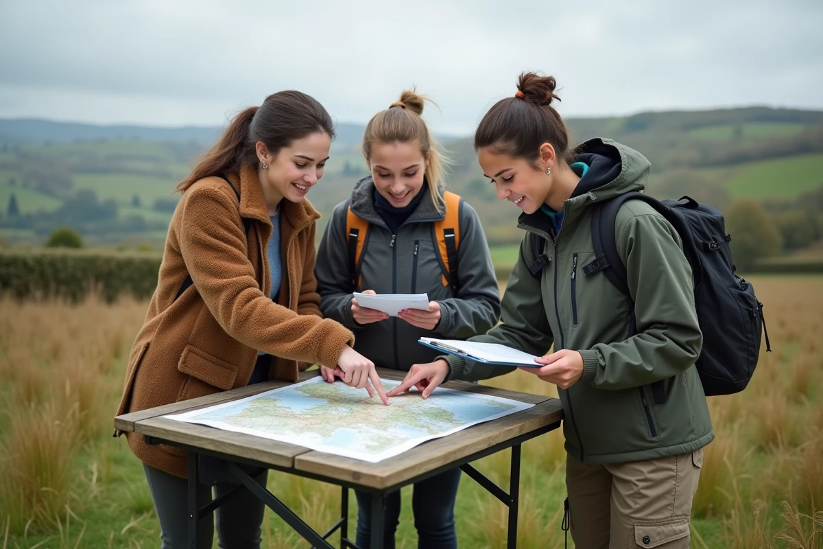 Groupe de jeunes adultes débutants étudiant une carte topographique en plein air dans une prairie, formation collective au réseau TEE pour trouver un emploi dans les métiers de la nature